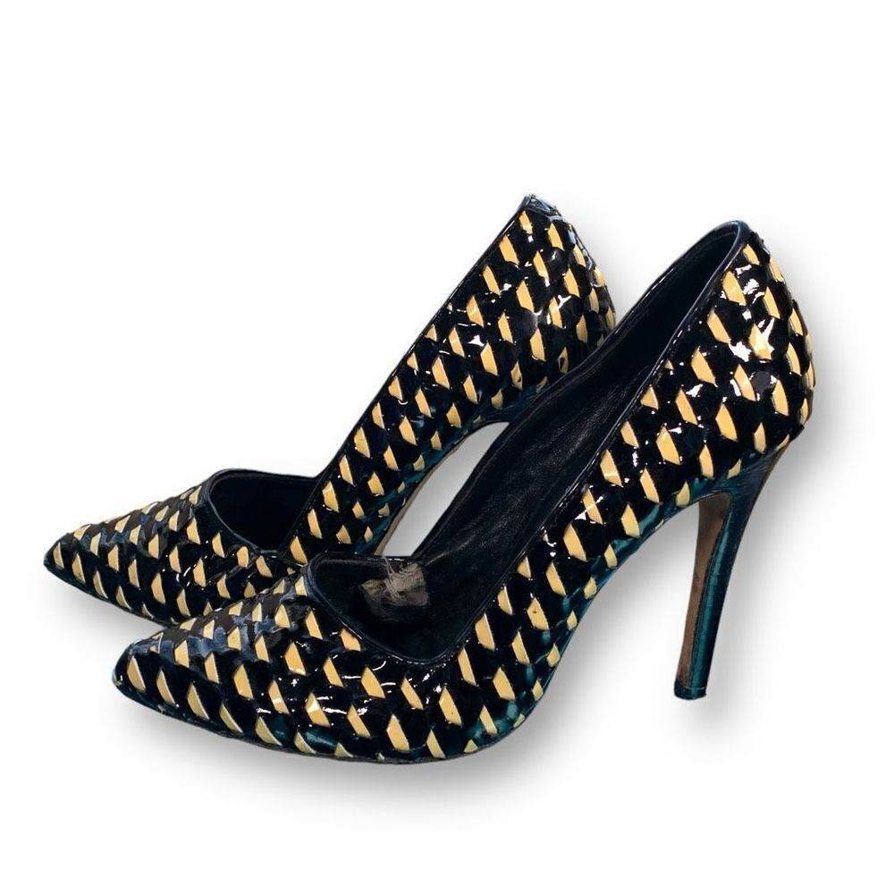 Alice + Olivia By Stacey Bendet Pumps Black Gold Patent Leather High Heel Shoes